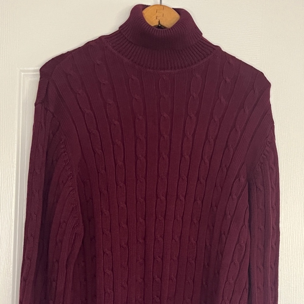 Burgundy Cable-knit Turtleneck Cotton Sweater